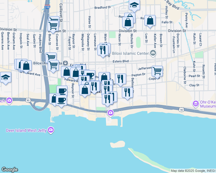 map of restaurants, bars, coffee shops, grocery stores, and more near in Biloxi