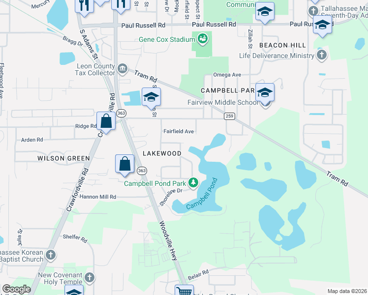 map of restaurants, bars, coffee shops, grocery stores, and more near 3517 Falcon Drive in Tallahassee