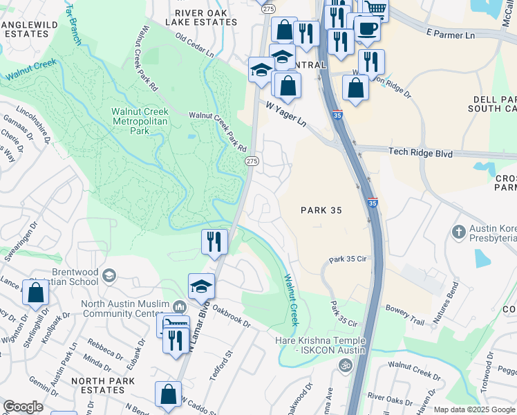 map of restaurants, bars, coffee shops, grocery stores, and more near 12304 Walnut Park Crossing in Austin