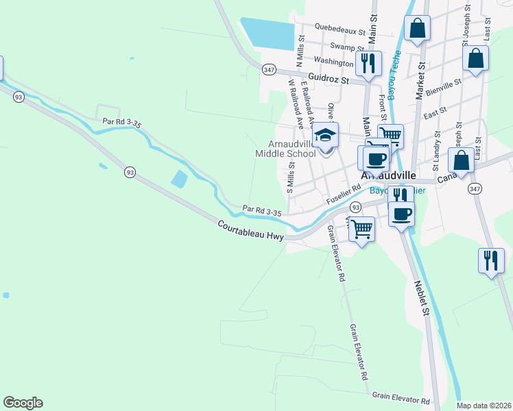 map of restaurants, bars, coffee shops, grocery stores, and more near 404 Fuselier Road in Arnaudville