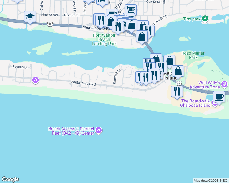 map of restaurants, bars, coffee shops, grocery stores, and more near 381 Santa Rosa Boulevard in Mary Esther