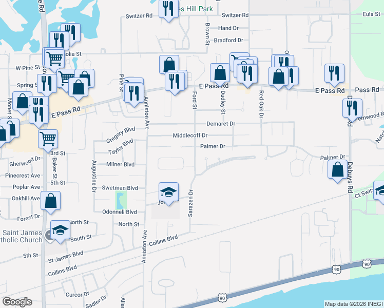 map of restaurants, bars, coffee shops, grocery stores, and more near 817 Ford Street in Gulfport