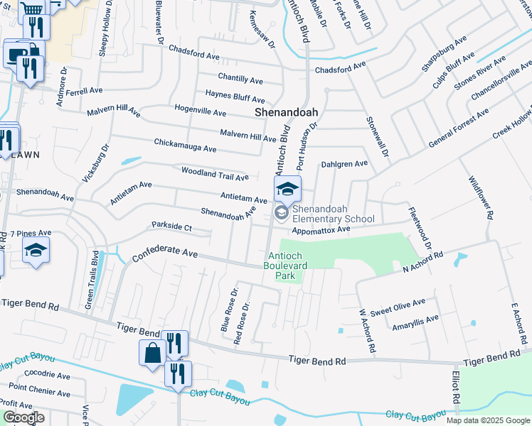 map of restaurants, bars, coffee shops, grocery stores, and more near 6030 Antioch Boulevard in Baton Rouge