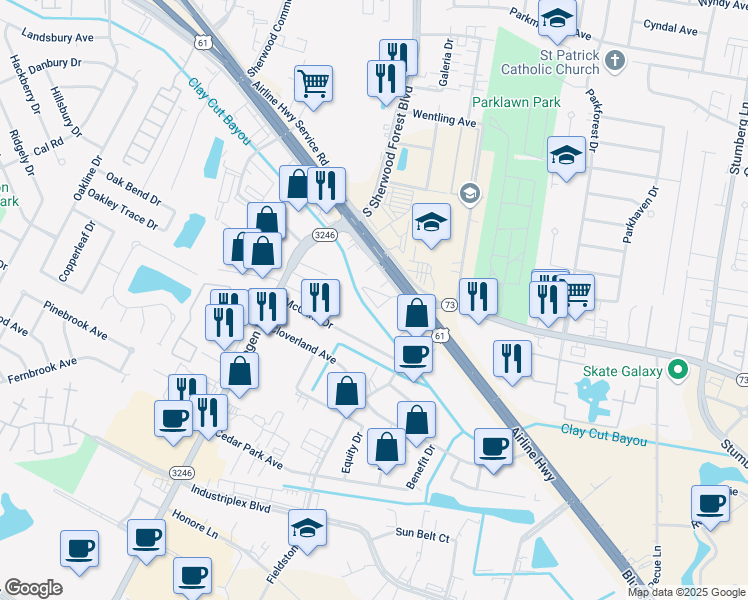 map of restaurants, bars, coffee shops, grocery stores, and more near 11620 Airline Highway in Baton Rouge