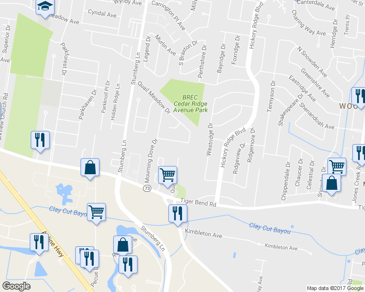 map of restaurants, bars, coffee shops, grocery stores, and more near 13344 Whippoorwill Avenue in Baton Rouge