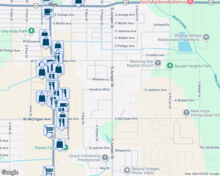 map of restaurants, bars, coffee shops, grocery stores, and more near 529 Hamilton Boulevard in Foley