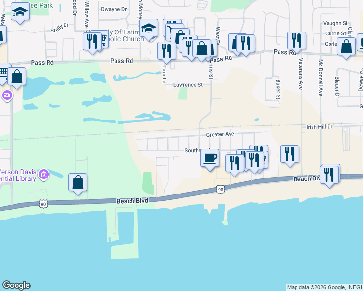 map of restaurants, bars, coffee shops, grocery stores, and more near 2020-2034 Southern Avenue in Biloxi