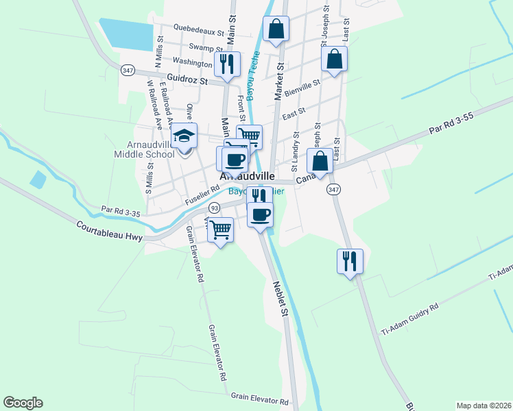 map of restaurants, bars, coffee shops, grocery stores, and more near in Arnaudville
