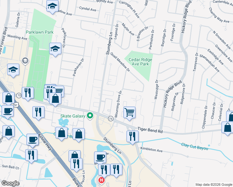 map of restaurants, bars, coffee shops, grocery stores, and more near 6046 Mourning Dove Drive in Baton Rouge