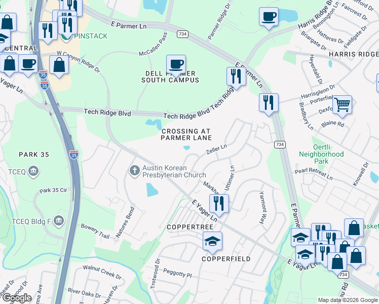 map of restaurants, bars, coffee shops, grocery stores, and more near 12360 Donovan Circle in Austin