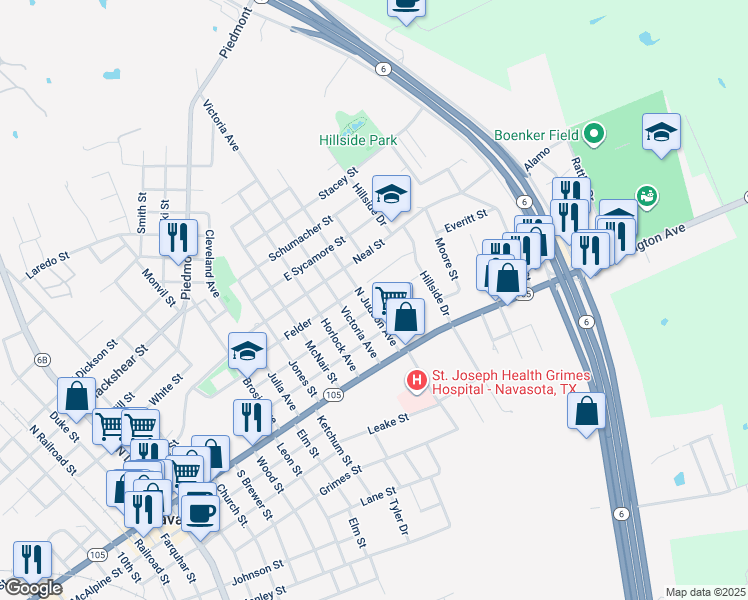 map of restaurants, bars, coffee shops, grocery stores, and more near 302 Judson Street in Navasota