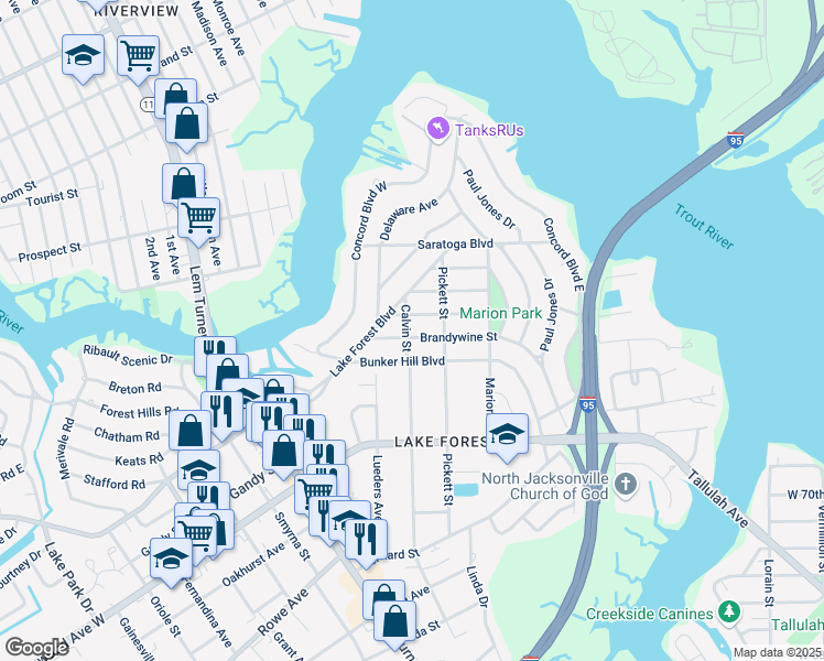map of restaurants, bars, coffee shops, grocery stores, and more near 1049 Brandywine Street in Jacksonville