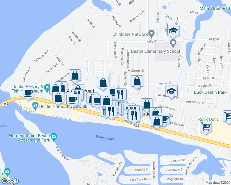 map of restaurants, bars, coffee shops, grocery stores, and more near 3626 Azalea Drive in Destin