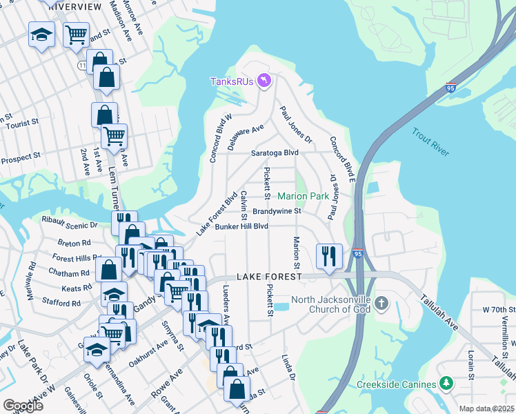 map of restaurants, bars, coffee shops, grocery stores, and more near 1049 Brandywine Street in Jacksonville