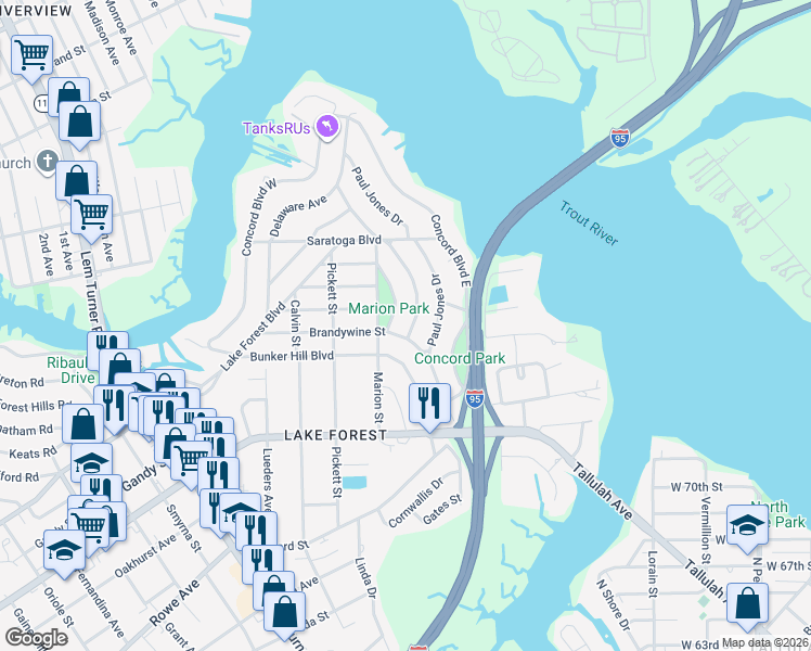 map of restaurants, bars, coffee shops, grocery stores, and more near 8015 Lexington Drive in Jacksonville