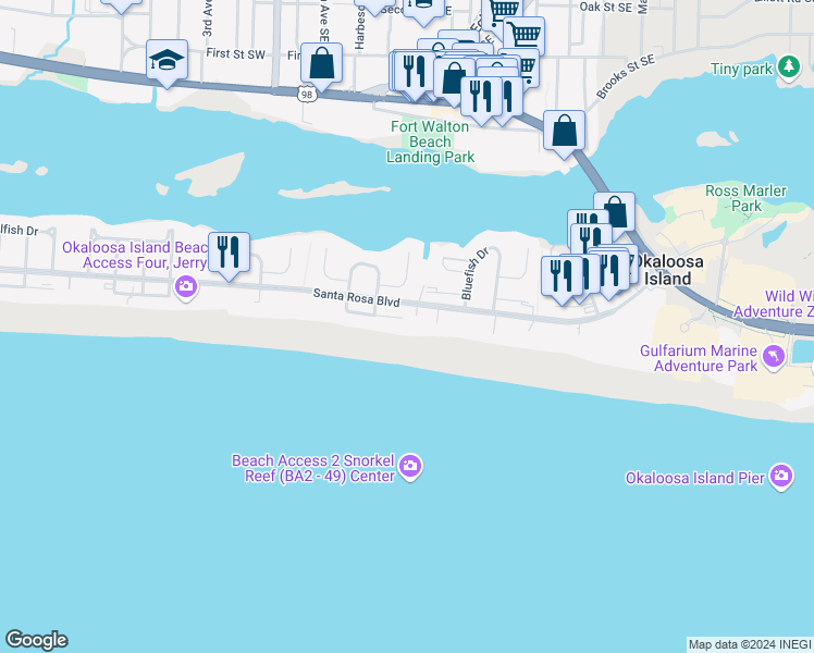 map of restaurants, bars, coffee shops, grocery stores, and more near 461 Abalone Court in Fort Walton Beach