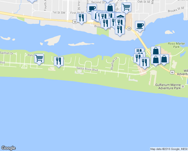 map of restaurants, bars, coffee shops, grocery stores, and more near 461 Abalone Court in Fort Walton Beach