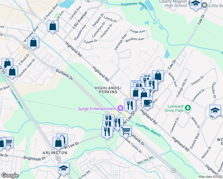 map of restaurants, bars, coffee shops, grocery stores, and more near in Baton Rouge