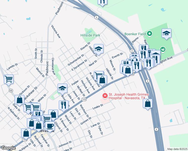 map of restaurants, bars, coffee shops, grocery stores, and more near 302 North Judson Street in Navasota