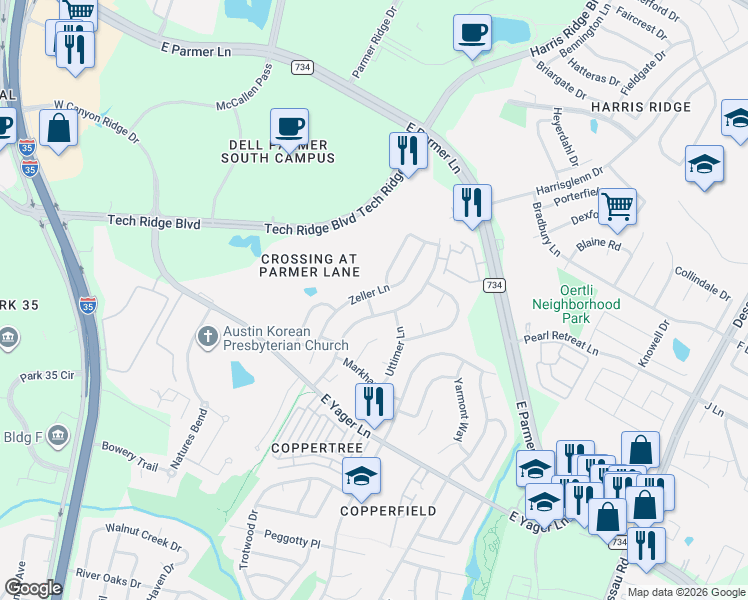 map of restaurants, bars, coffee shops, grocery stores, and more near 12404 Copperfield Drive in Austin