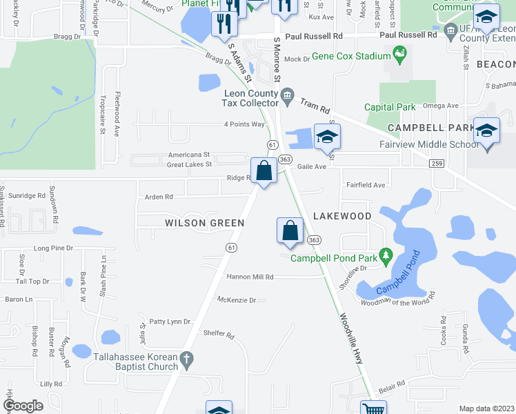 map of restaurants, bars, coffee shops, grocery stores, and more near 3709 Crawfordville Road in Tallahassee