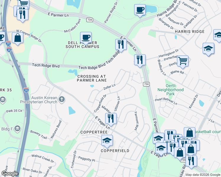 map of restaurants, bars, coffee shops, grocery stores, and more near 12404 Copperfield Drive in Austin