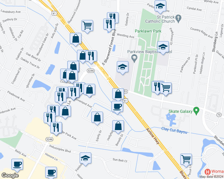 map of restaurants, bars, coffee shops, grocery stores, and more near 11620 Airline Highway Service Road in Baton Rouge