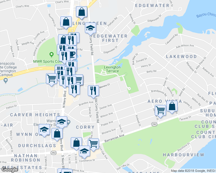 map of restaurants, bars, coffee shops, grocery stores, and more near 900 South Old Corry Field Road in Pensacola