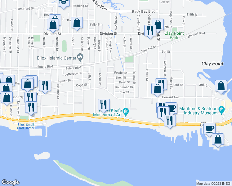 map of restaurants, bars, coffee shops, grocery stores, and more near 132 Claiborne Street in Biloxi