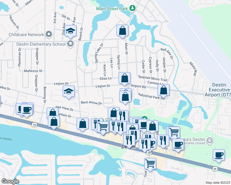 map of restaurants, bars, coffee shops, grocery stores, and more near 192 Bent Arrow Drive in Destin