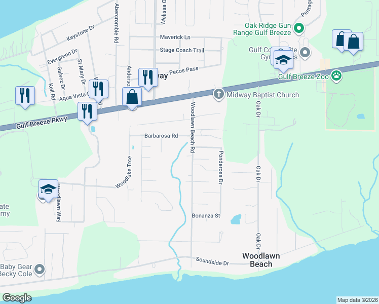 map of restaurants, bars, coffee shops, grocery stores, and more near 1653 Woodlawn Beach Road in Gulf Breeze
