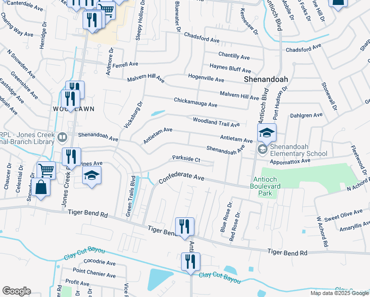 map of restaurants, bars, coffee shops, grocery stores, and more near 15944 Shenandoah Avenue in Baton Rouge
