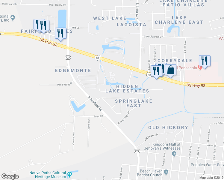 map of restaurants, bars, coffee shops, grocery stores, and more near 7358 Peterson Lane in Pensacola
