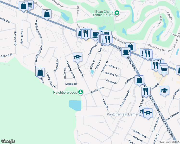map of restaurants, bars, coffee shops, grocery stores, and more near 738 Claire Drive in Mandeville