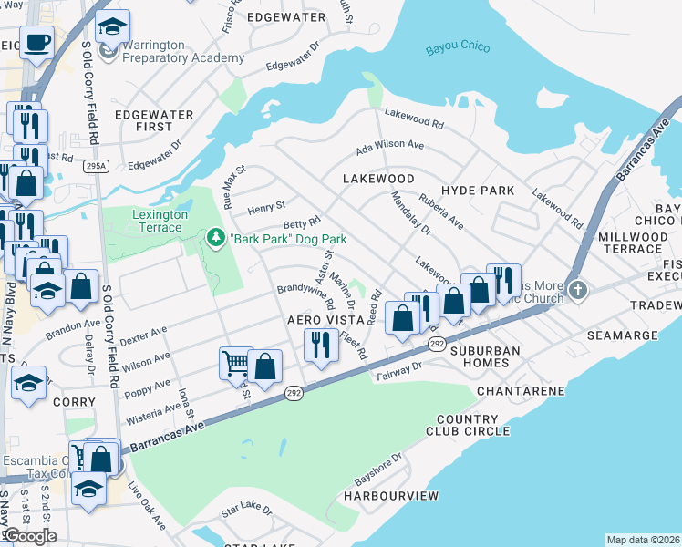 map of restaurants, bars, coffee shops, grocery stores, and more near 130 Marine Drive in Pensacola