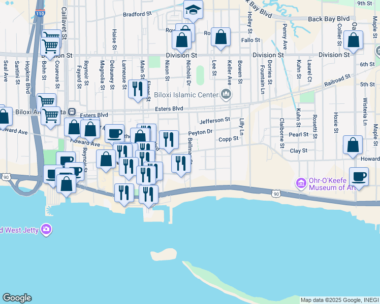 map of restaurants, bars, coffee shops, grocery stores, and more near Bellman Street in Biloxi