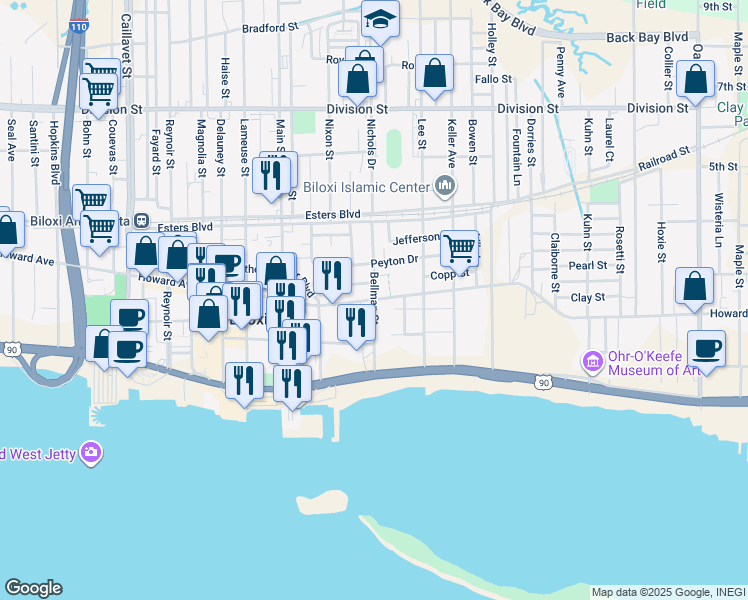 map of restaurants, bars, coffee shops, grocery stores, and more near Bellman Street in Biloxi