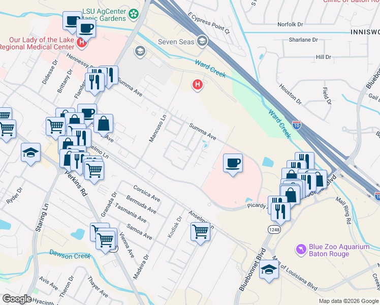 map of restaurants, bars, coffee shops, grocery stores, and more near 5038 Summa Court in Baton Rouge