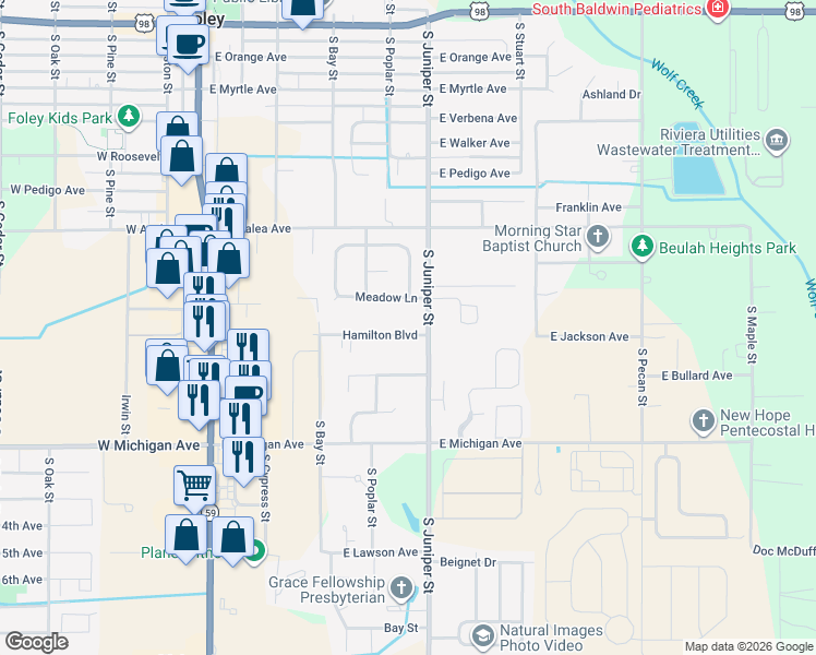 map of restaurants, bars, coffee shops, grocery stores, and more near 529 Hamilton Blvd in Foley