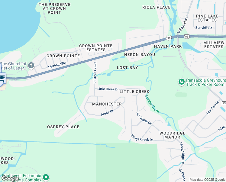 map of restaurants, bars, coffee shops, grocery stores, and more near 1441 Little Creek Drive in Pensacola