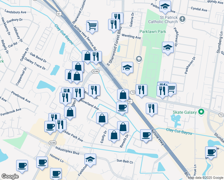 map of restaurants, bars, coffee shops, grocery stores, and more near 11620 Airline Highway in Baton Rouge