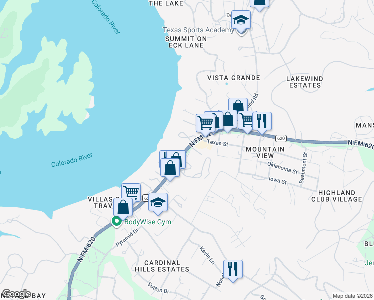 map of restaurants, bars, coffee shops, grocery stores, and more near 3499 North FM 620 in Austin