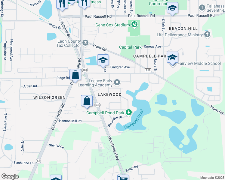 map of restaurants, bars, coffee shops, grocery stores, and more near 303 Robinwood Avenue in Tallahassee