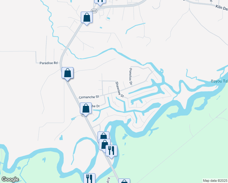 map of restaurants, bars, coffee shops, grocery stores, and more near 6193-6203 Comanche St in Kiln