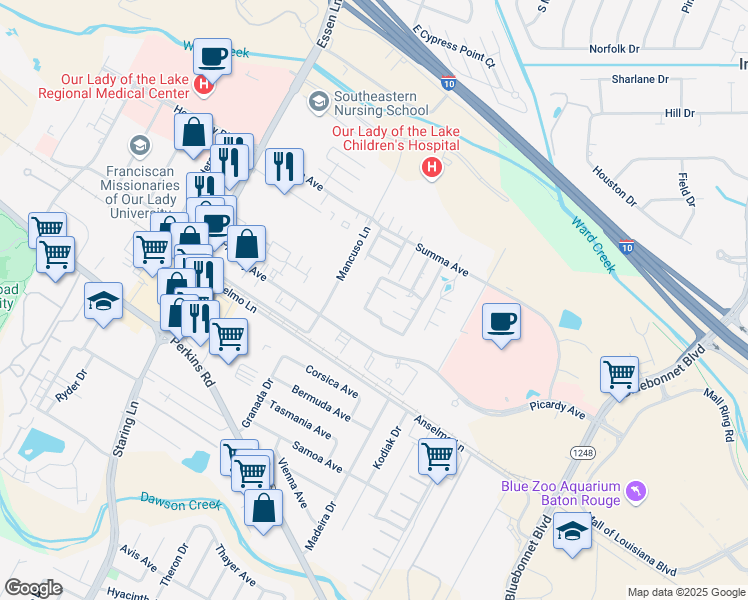 map of restaurants, bars, coffee shops, grocery stores, and more near 5323 Blair Lane in Baton Rouge