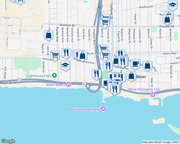 map of restaurants, bars, coffee shops, grocery stores, and more near 130 Baltar Lane in Biloxi