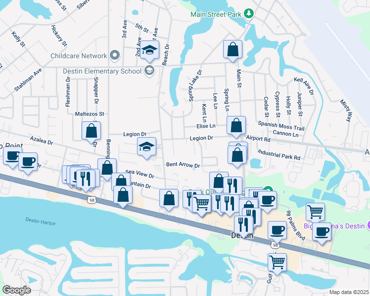 map of restaurants, bars, coffee shops, grocery stores, and more near 710 Legion Drive in Shalimar