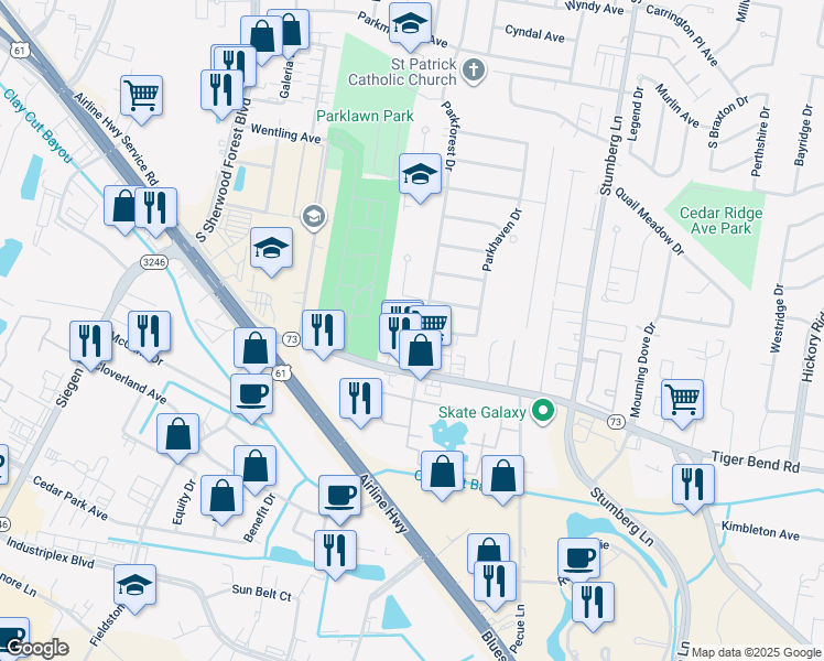 map of restaurants, bars, coffee shops, grocery stores, and more near 6124 Parkforest Drive in Baton Rouge