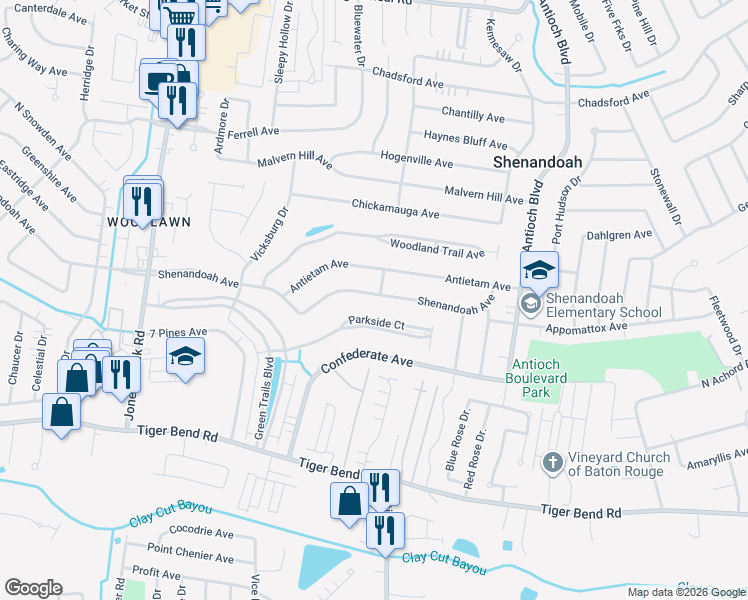 map of restaurants, bars, coffee shops, grocery stores, and more near 15944 Shenandoah Avenue in Baton Rouge