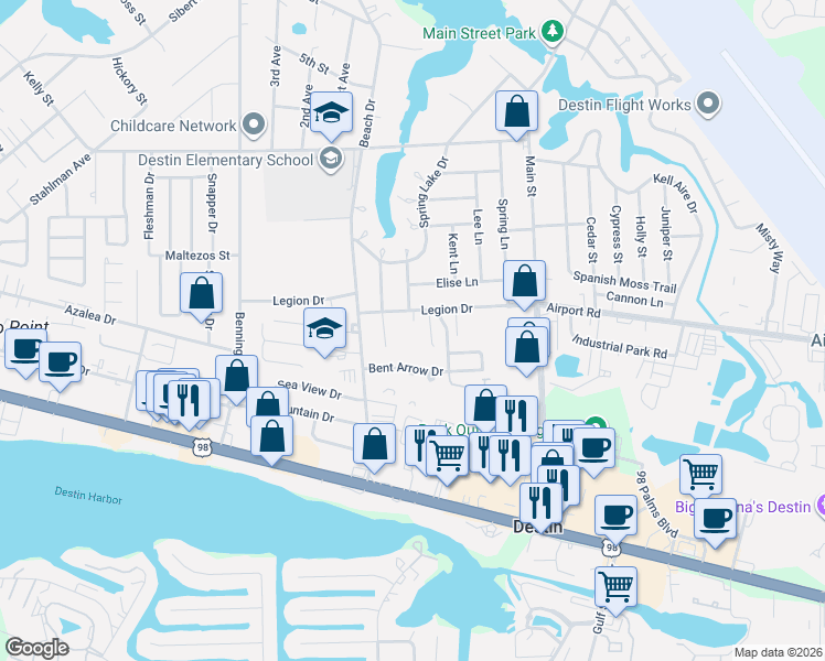 map of restaurants, bars, coffee shops, grocery stores, and more near 710 Legion Drive in Destin